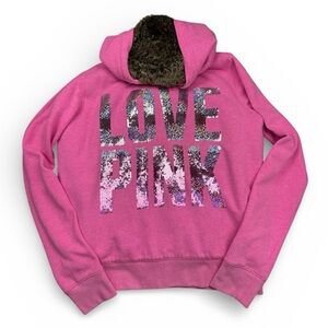 Y2K LOVE PINK VS Fur Lined Sequin Embellished Full Zip Hooded Jacket